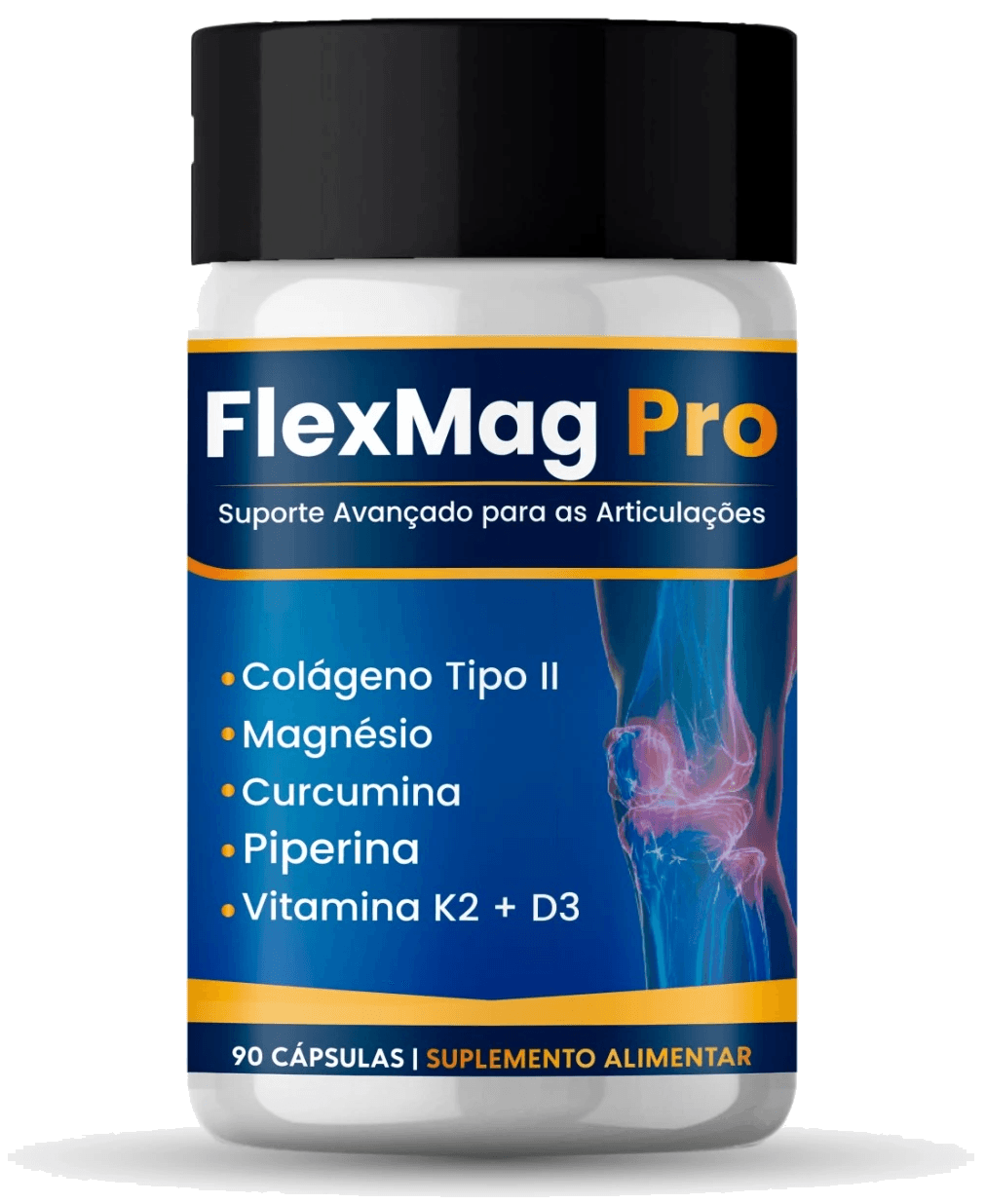 Frasco do Flexmag Pro — 90 cápsulas, suporte avançado para as articulações